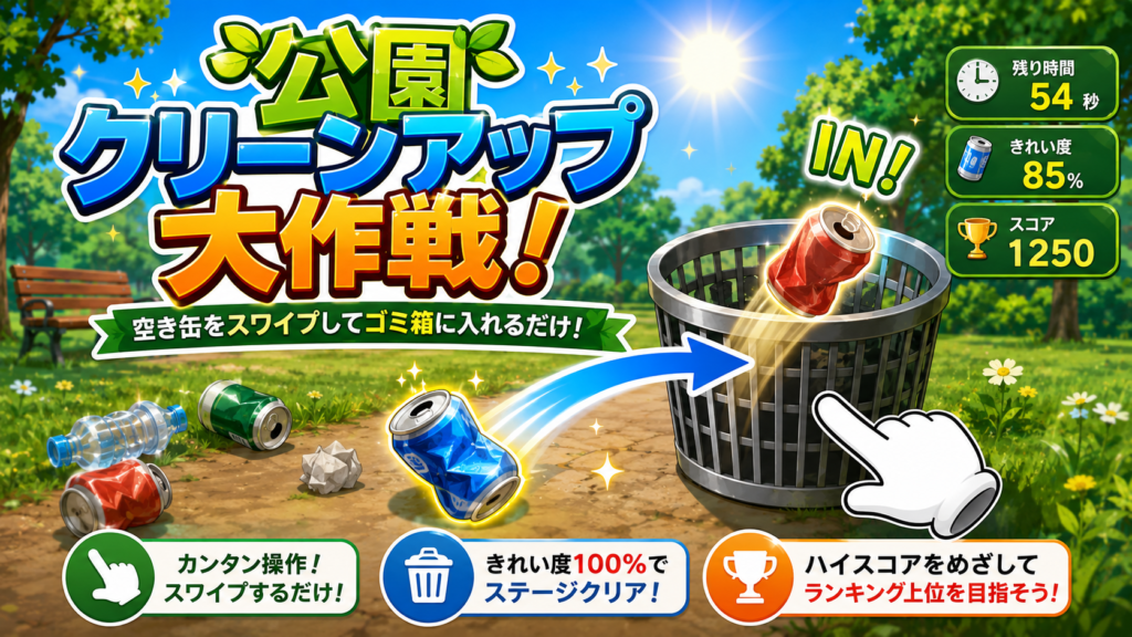 公園の空き缶をゴミ箱に投げ入れるブラウザゲームの画面