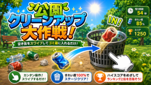 公園の空き缶をゴミ箱に投げ入れるブラウザゲームの画面